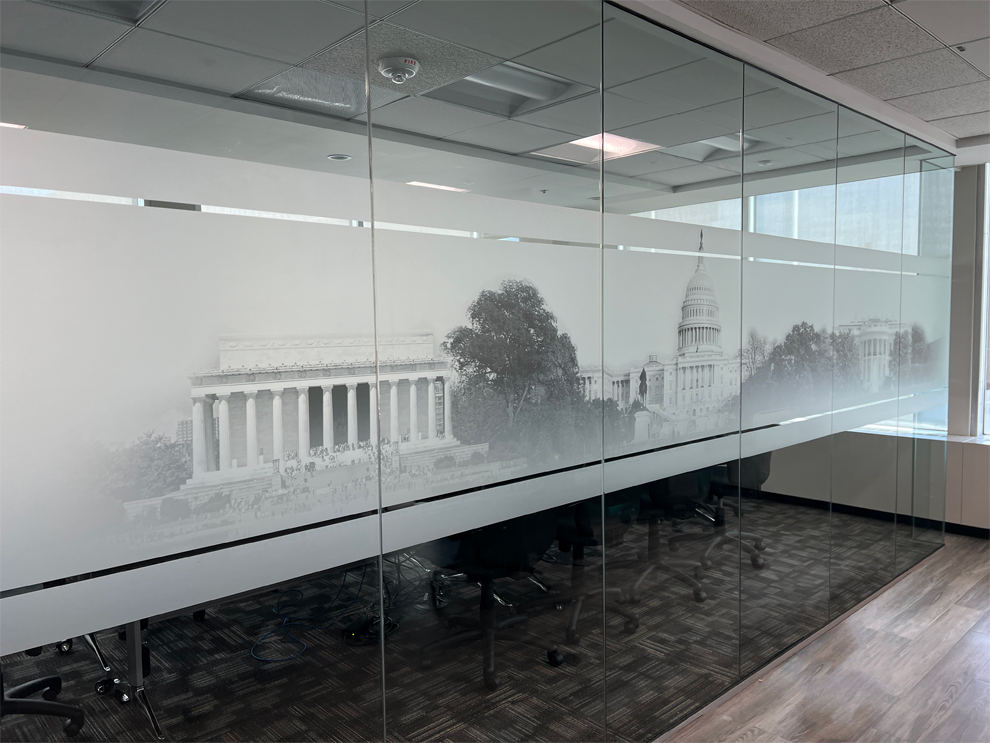 Branded adhesive vinyl wall wraps for workplace interiors in Charlotte, NC