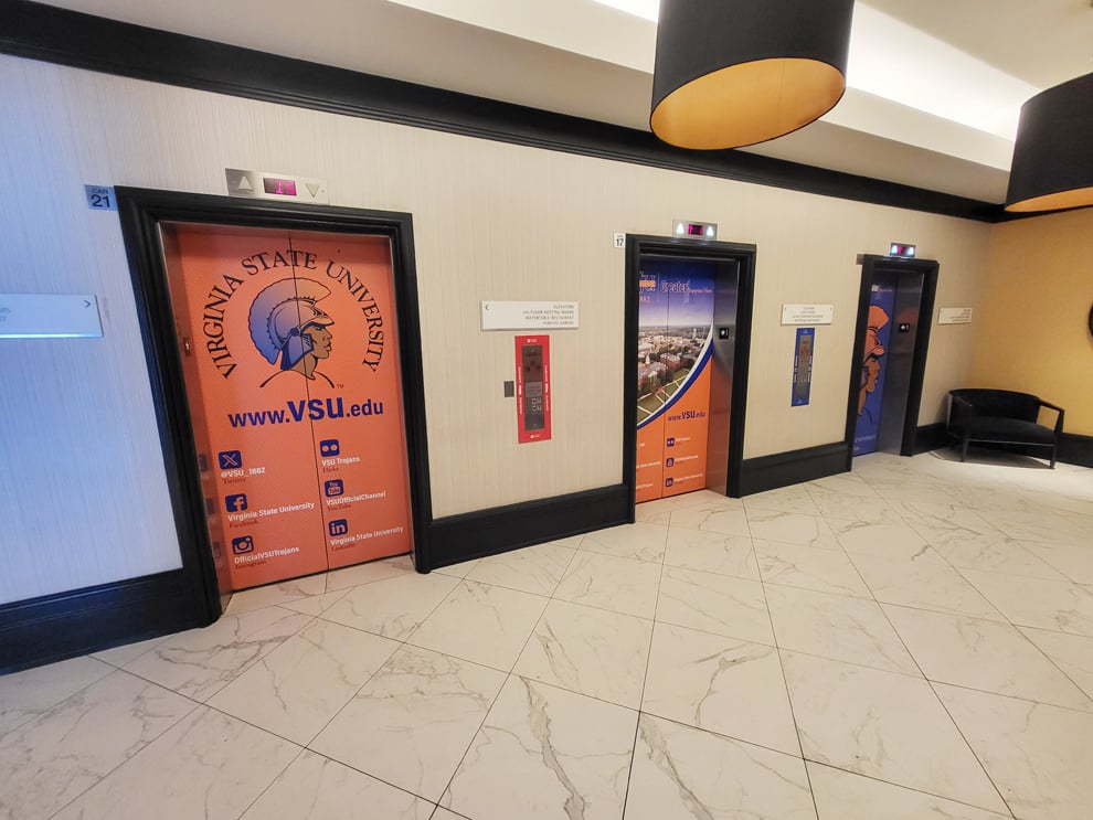 Elevator Wraps in Gastonia, NC designed and installed for corporate office branding and interior graphics