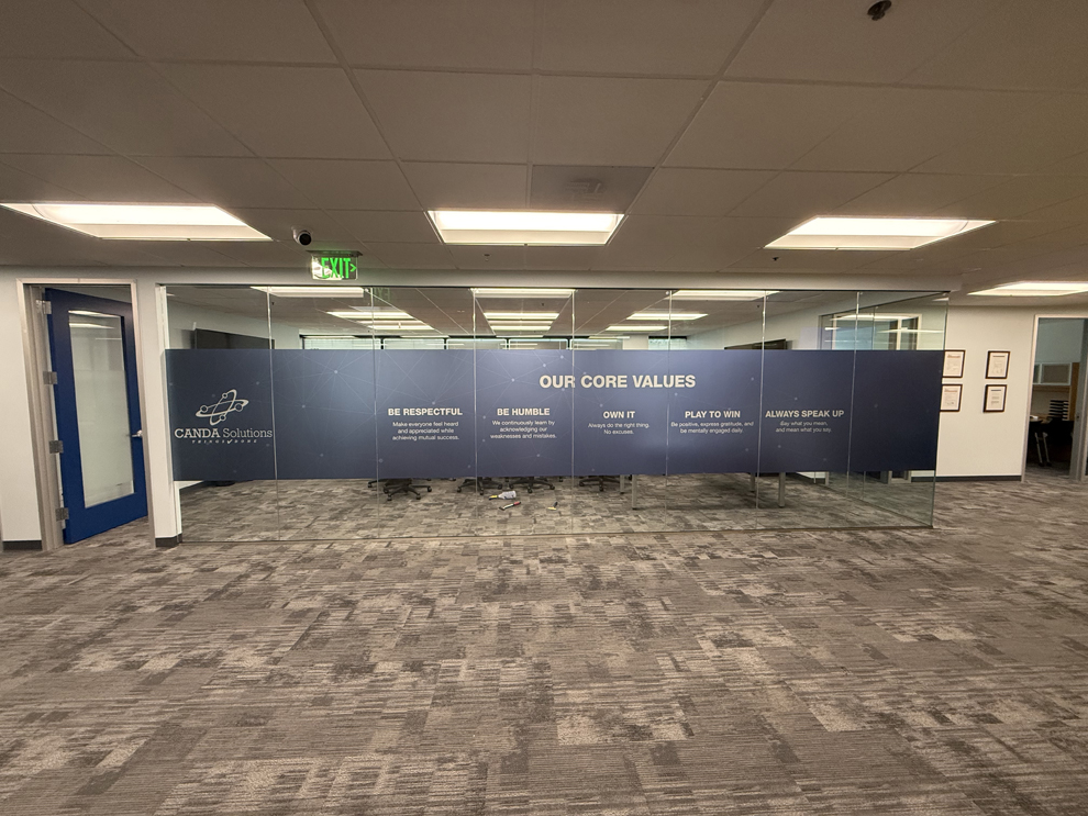 Office branding displays designed with environmental graphic design in Huntersville, NC