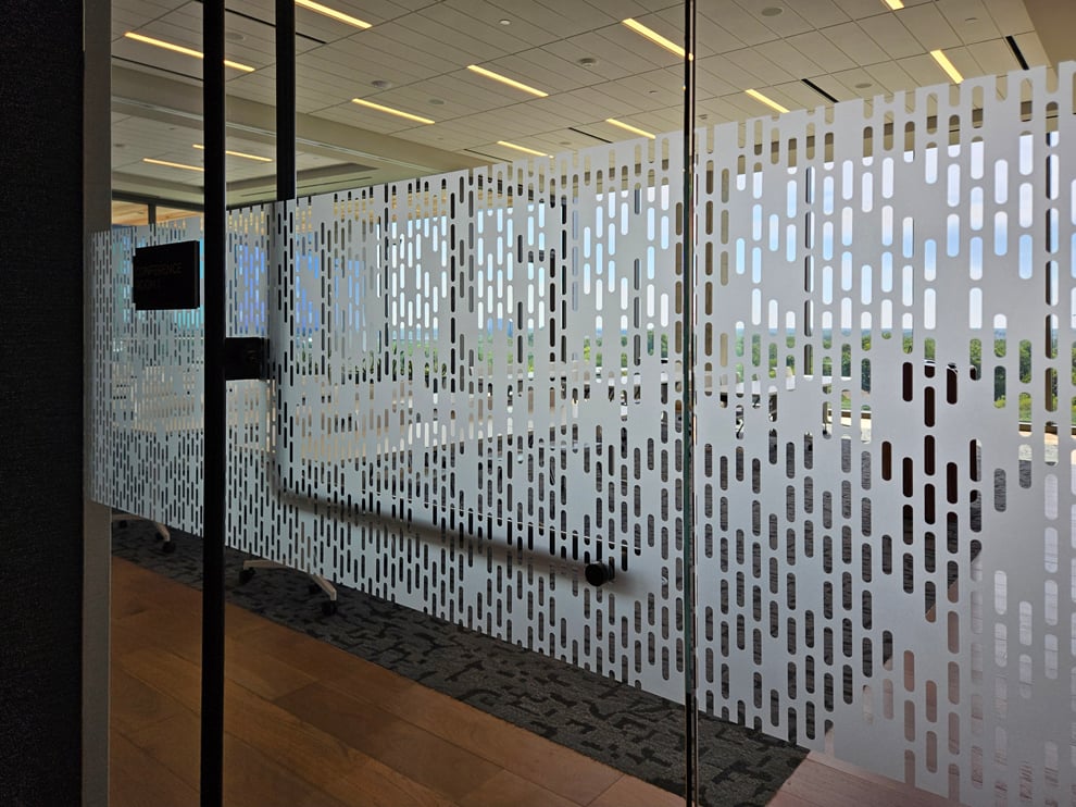 Frosted Vinyl in Mooresville, NC designed and installed for company logos and decorative glass panels