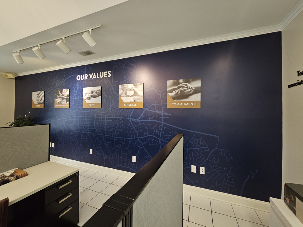 Wall displays with branded graphics in Salisbury, NC, workplaces