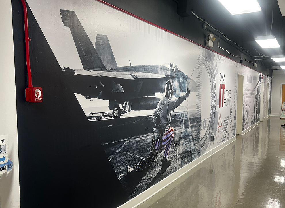 Workplace wall mural with custom branding graphics Burlington, NC office