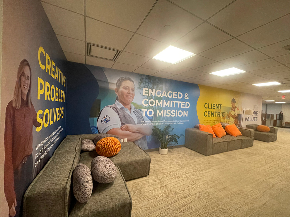Event venue wall mural with branded graphics near Cary, NC