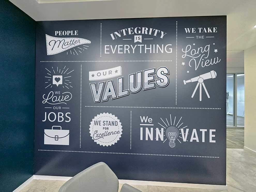 Office lobby wall wrap design for workplace branding in Cary, NC