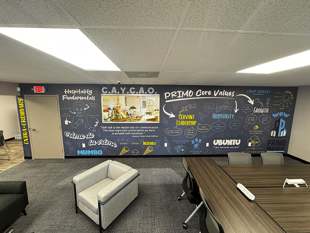 Event space wall mural installed for branding near Cary, NC