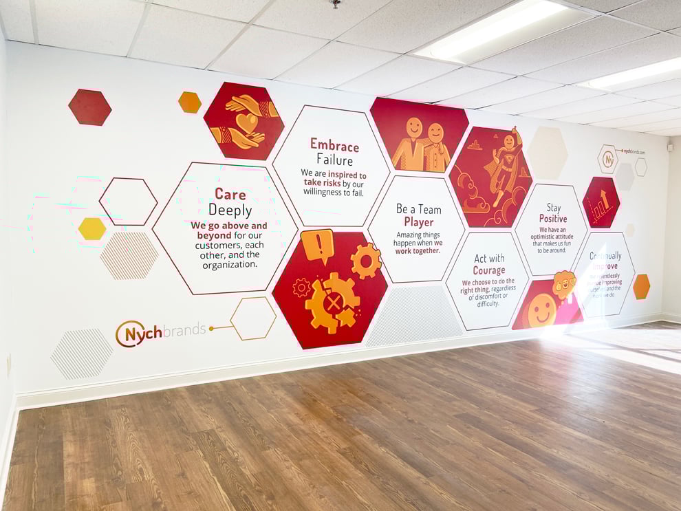Hallway wall wrap with branded graphics for workplace in Fort Mill, SC