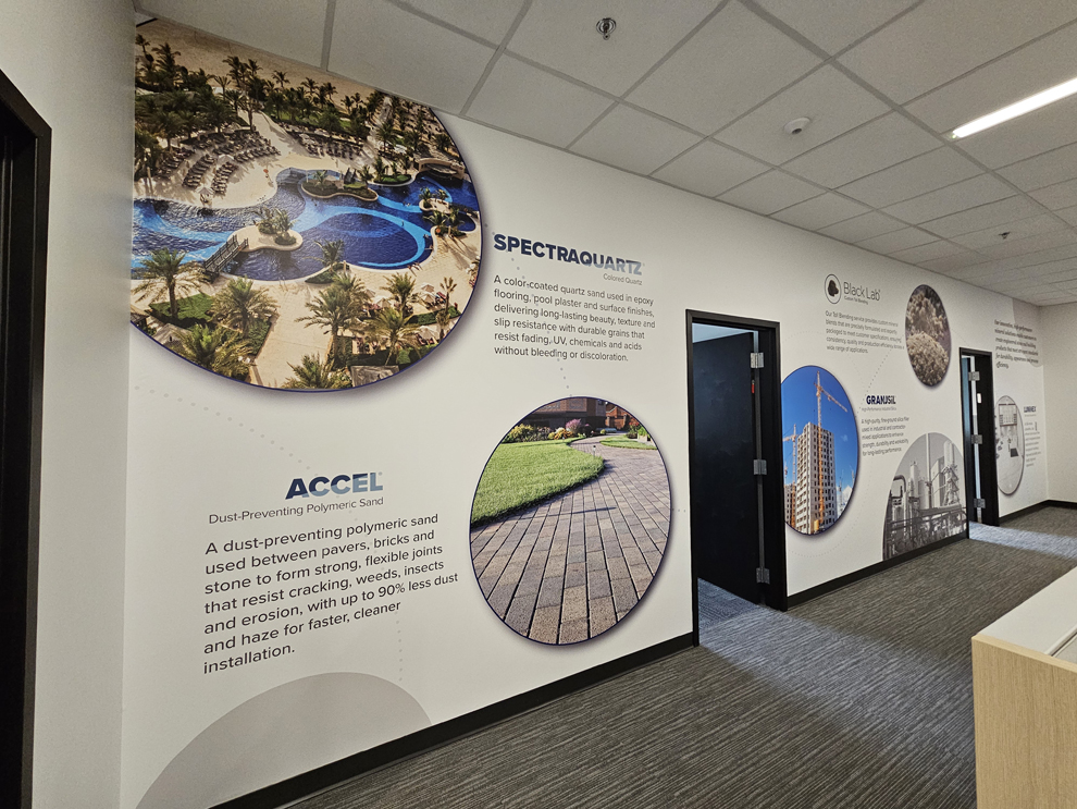Reception area wall mural with custom branding Greensboro, NC office