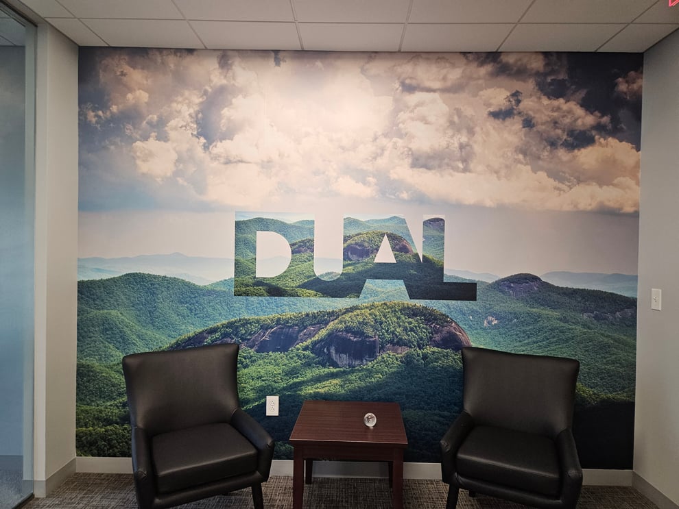 Custom wall wrap installed for office branding in Hickory, NC workplace