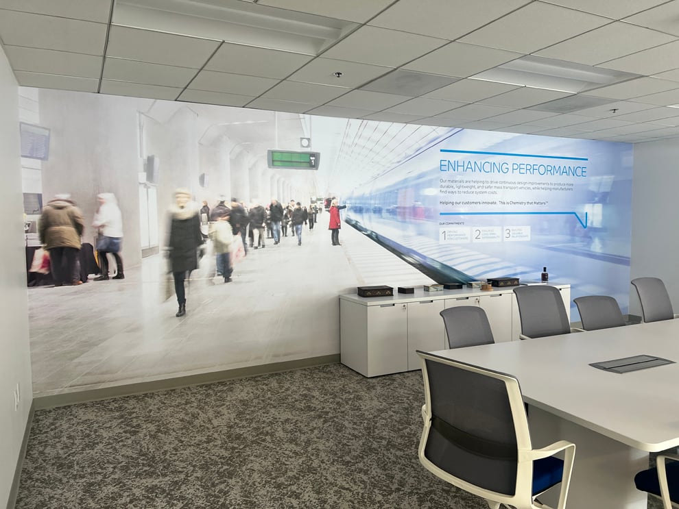 Branded conference room wall wrap design for workplace in Hickory, NC