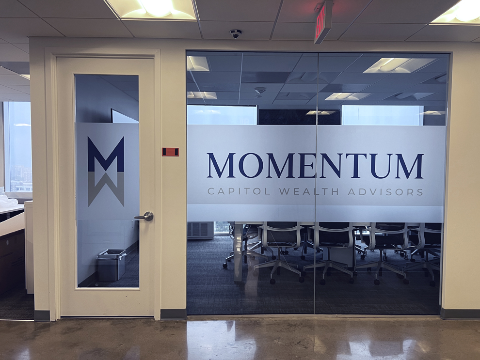 Perforated window graphics on office glass for privacy & branding in Statesville, NC