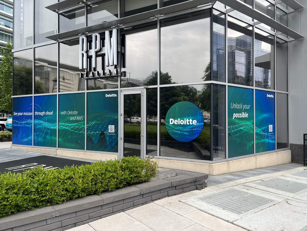 Office lobby window graphics with company branding in Statesville, NC